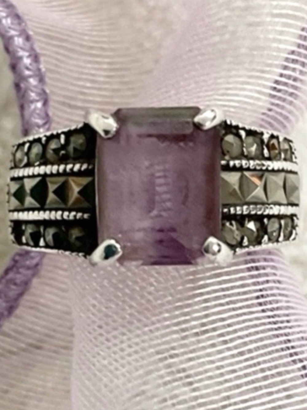 Vintage 925 Sterling Silver Amethyst Marcasite Ring Size 6 Art Deco Style - Picture 6 of 14